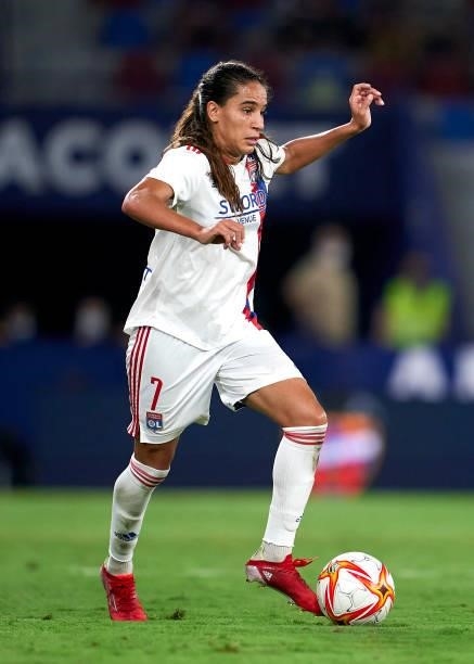 Amel Majri of Lyon runs with the ball during UEFA Women's Champions League Round 2 match between Levante UD and Lyon at Ciutat de Valencia on...