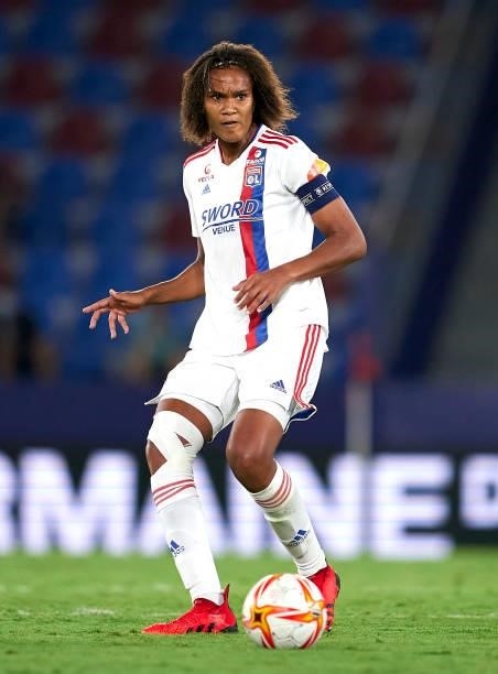 Wendie Renard of Lyon passes the ball during UEFA Women's Champions League Round 2 match between Levante UD and Lyon at Ciutat de Valencia on...
