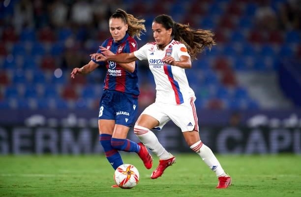 Irene Guerrero of Levante UD competes for the ball with Amel Majri of Lyon during UEFA Women's Champions League Round 2 match between Levante UD and...
