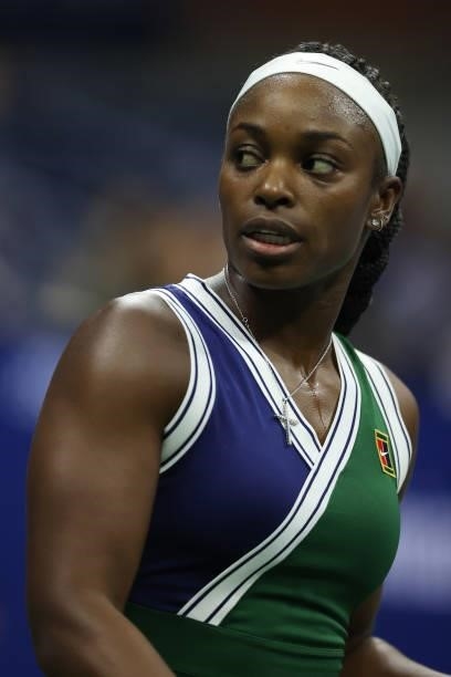 Sloane Stephens of the United States looks on against Cori Gauff of the United States during her Women's Singles second round match on Day Three of...