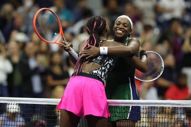 Sloane Stephens of the United States meets at the net after defeating Cori Gauff of the United States during her Women's Singles second round match...