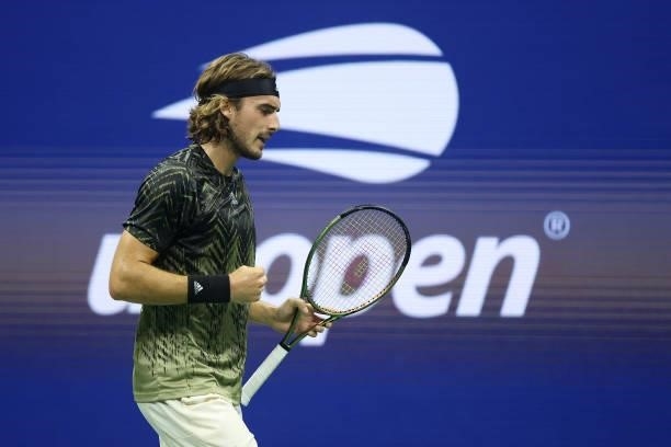 Stefanos Tsitsipas of Greece reacts against Adrian Mannarino of France during his Men's Singles second round match on Day Three of the 2021 US Open...