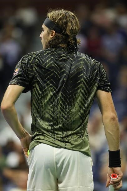Stefanos Tsitsipas of Greece looks on against Adrian Mannarino of France during his Men's Singles second round match on Day Three of the 2021 US Open...