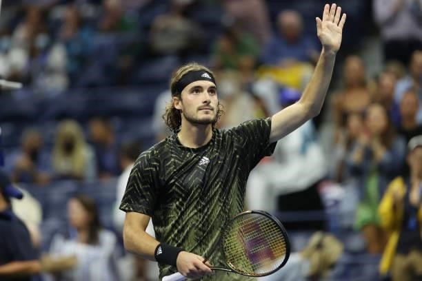 Stefanos Tsitsipas of Greece celebrates a win against Adrian Mannarino of France during his Men's Singles second round match on Day Three of the 2021...