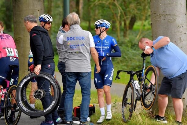 Remco Evenepoel of Belgium and Team Deceuninck - Quick-Step is assisted by the medical team after his crash during the 17th Benelux Tour 2021, Stage...