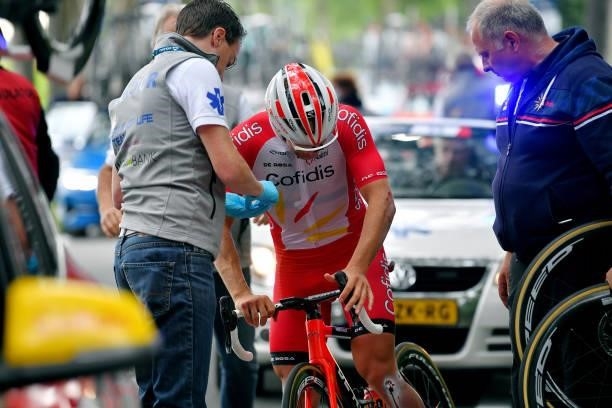 Emmanuel Morin of France and Team Cofidis is assisted by the medical team after his crash during the 17th Benelux Tour 2021, Stage 4 a 166,1km stage...