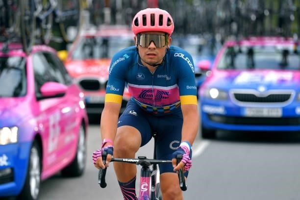 Stefan Bissegger of Switzerland and Team EF Education - Nippo blue leader jersey competes during the 17th Benelux Tour 2021, Stage 4 a 166,1km stage...