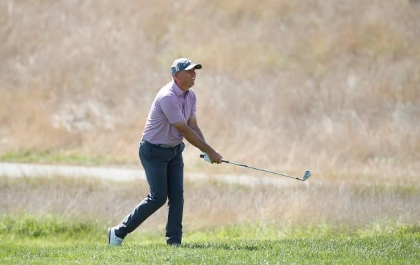 Graeme Storm of England plays his second shot on the 14th hole during Day One of The Italian Open at Marco Simone Golf Club on September 02, 2021 in...