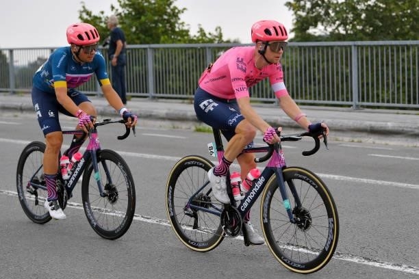 Stefan Bissegger of Switzerland blue leader jersey and Logan Owen of United States and Team EF Education - Nippo compete during the 17th Benelux Tour...