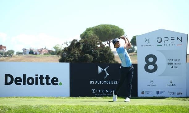 Min Woo Lee of Australia tees off on the eighth hole during Day One of The Italian Open at Marco Simone Golf Club on September 02, 2021 in Rome,...