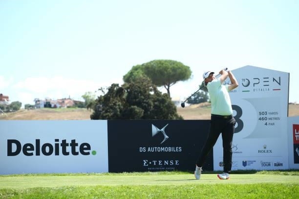 Sami Valimaki of Finland tees off on the eighth hole during Day One of The Italian Open at Marco Simone Golf Club on September 02, 2021 in Rome,...