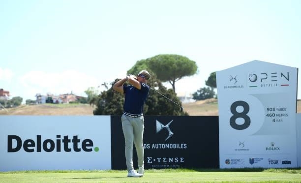 Garrick Higgo of South Africa tees off on the eighth hole during Day One of The Italian Open at Marco Simone Golf Club on September 02, 2021 in Rome,...
