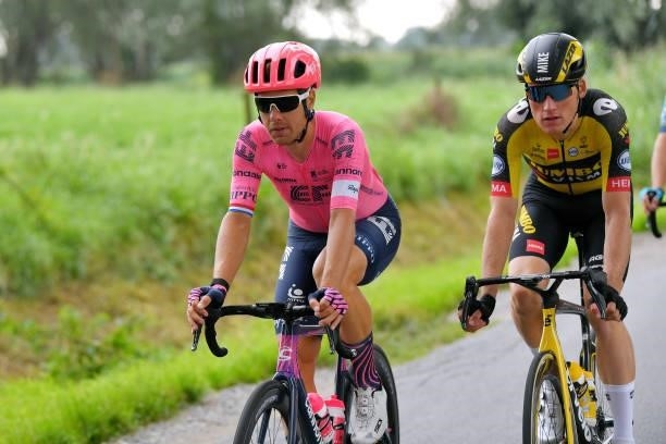 Sebastian Langeveld of Netherlands and Team EF Education - Nippo and Mike Teunissen of Netherlands and Team Jumbo - Visma compete during the 17th...