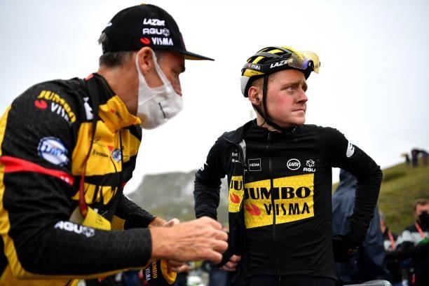 Sam Oomen of Netherlands and Team Jumbo - Visma at finish line assisted by a Team soigneur during the 76th Tour of Spain 2021, Stage 17 a 185,5km...