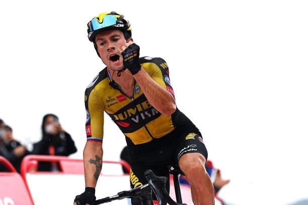Primoz Roglic of Slovenia and Team Jumbo - Visma celebrates at finish line as stage winner during the 76th Tour of Spain 2021, Stage 17 a 185,5km...