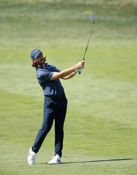 Tommy Fleetwood of England plays his second shot on the sixth hole during Day One of The Italian Open at Marco Simone Golf Club on September 02, 2021...