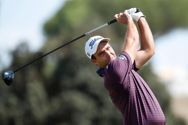 Edoardo Molinari of Italy tees off on the seventh hole during Day One of The Italian Open at Marco Simone Golf Club on September 02, 2021 in Rome,...