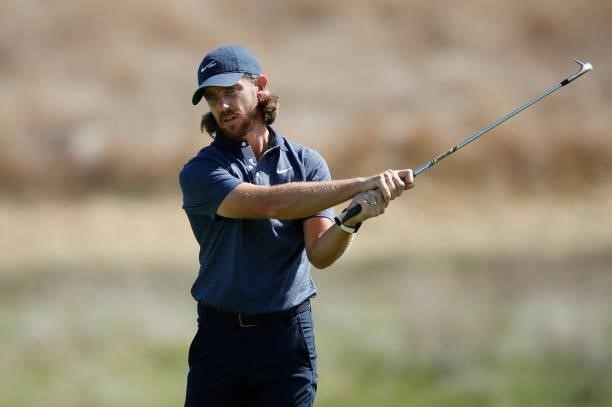 Tommy Fleetwood of England reacts after nearly holing a chip shot on the seventh hole during Day One of The Italian Open at Marco Simone Golf Club on...