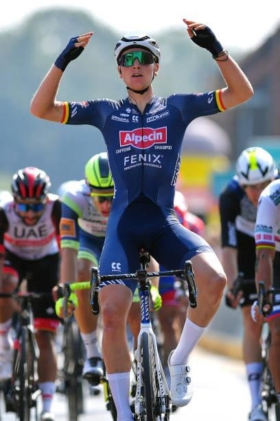 Tim Merlier of Belgium and Team Alpecin-Fenix celebrates winning during the 17th Benelux Tour 2021, Stage 4 a 166,1km stage from Aalter to Ardooie /...