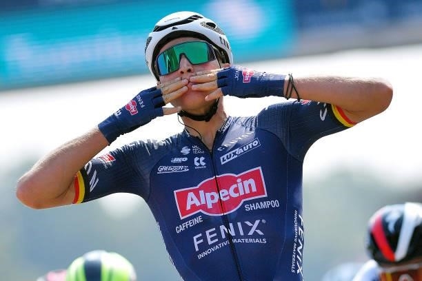 Tim Merlier of Belgium and Team Alpecin-Fenix celebrates winning during the 17th Benelux Tour 2021, Stage 4 a 166,1km stage from Aalter to Ardooie /...