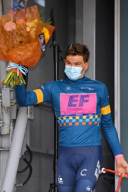 Stefan Bissegger of Switzerland and Team EF Education - Nippo celebrates winning the blue leader jersey on the podium ceremony after the 17th Benelux...