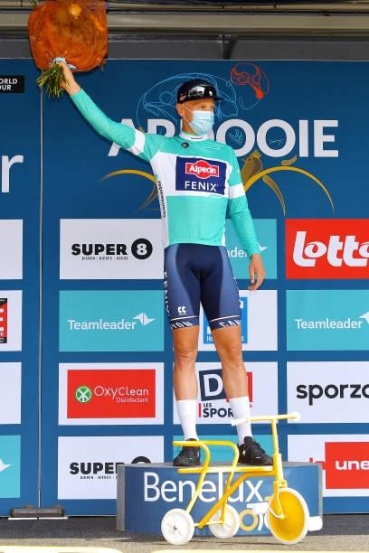 Tim Merlier of Belgium and Team Alpecin-Fenix celebrates winning the Turquoise points jersey on the podium ceremony after the 17th Benelux Tour 2021,...