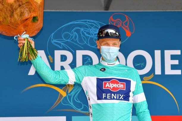 Tim Merlier of Belgium and Team Alpecin-Fenix celebrates winning the Turquoise points jersey on the podium ceremony after the 17th Benelux Tour 2021,...