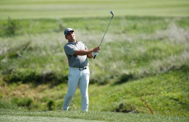 Francesco Molinari of Italy plays his second shot on the eighth hole during Day One of The Italian Open at Marco Simone Golf Club on September 02,...