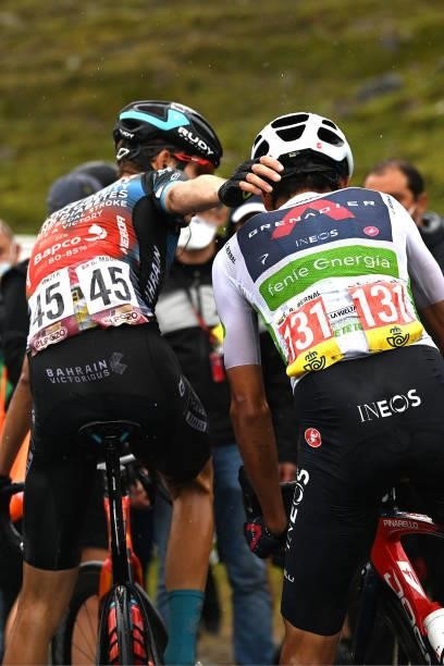 Gino Mäder of Switzerland and Team Bahrain Victorious and Egan Arley Bernal Gomez of Colombia and Team INEOS Grenadiers White Best Young Rider Jersey...