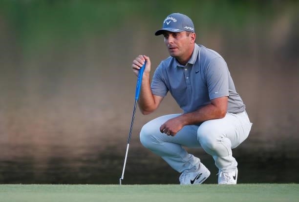 Edoardo Molinari of Italy lines up a putt on the 18th green during Day One of The Italian Open at Marco Simone Golf Club on September 02, 2021 in...