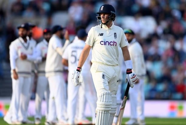 England captain Joe Root leaves the field after being bowled by Umesh Yadav of India during day one of the Fourth LV= Insurance Test Match between...