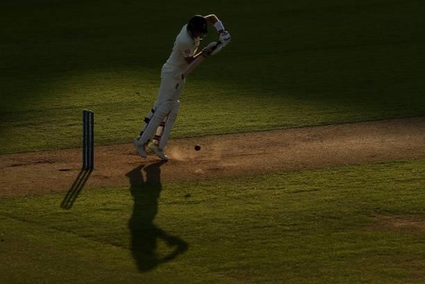 Joe Root of England bats during day one at The Kia Oval on September 02, 2021 in London, England.