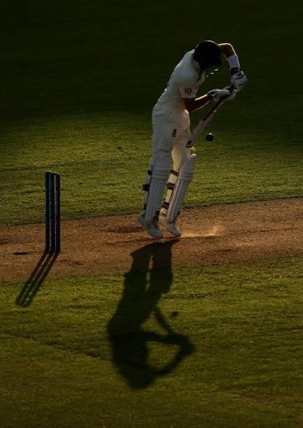 Joe Root of England bats during day one at The Kia Oval on September 02, 2021 in London, England.