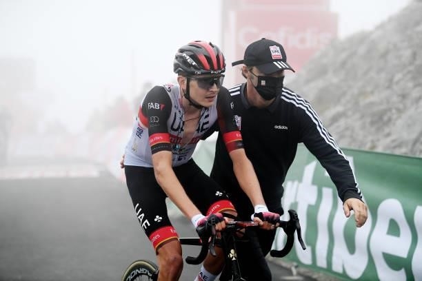 Joseph Lloyd Dombrowski of United States and UAE Team Emirates reacts after cross the finishing line during the 76th Tour of Spain 2021, Stage 18 a...