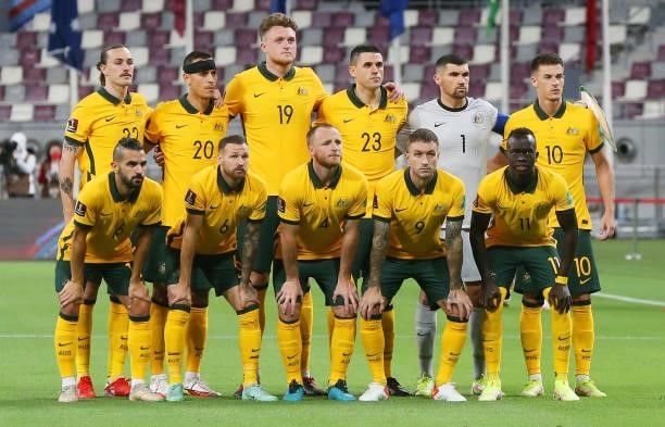 Australia players line up prior to the 2022 FIFA World Cup Qualifier match between Australia and China PR at Khalifa International Stadium on...