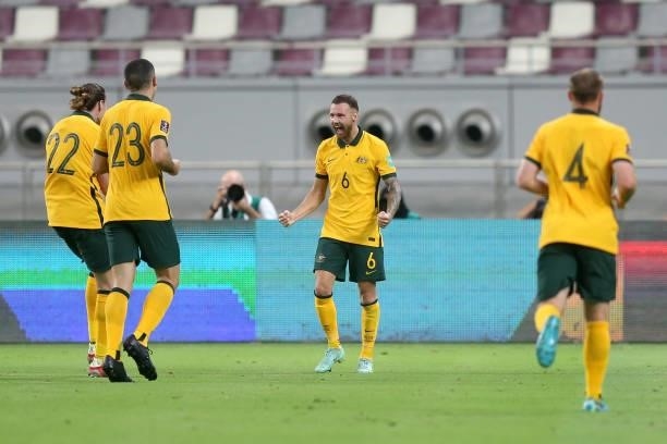 Martin Boyle of Australia celebrates after scoring their team's second goal during the 2022 FIFA World Cup Qualifier match between Australia and...