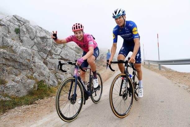 Jens Keukeleire of Belgium and Team EF Education - Nippo and Mauri Vansevenant of Belgium and Team Deceuninck - Quick-Step pose for a photograph...