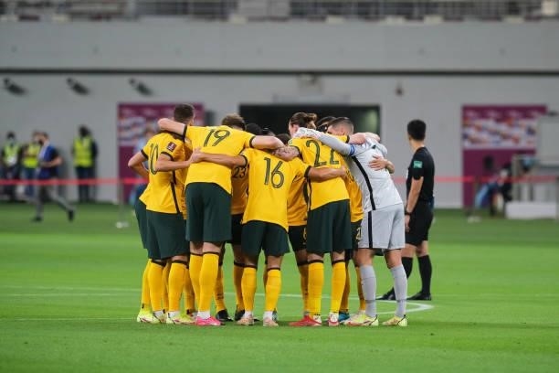 Australia team huddle before Australia v China PR - 2022 FIFA World Cup Qualifier at Khalifa International Stadium on September 02, 2021 in Doha,...