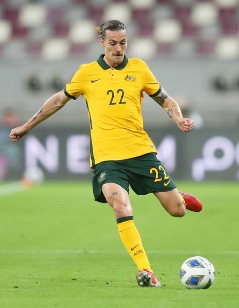 Jackson Irvine of Australia runs with the ball during the 2022 FIFA World Cup Qualifier match between Australia and China PR at Khalifa International...