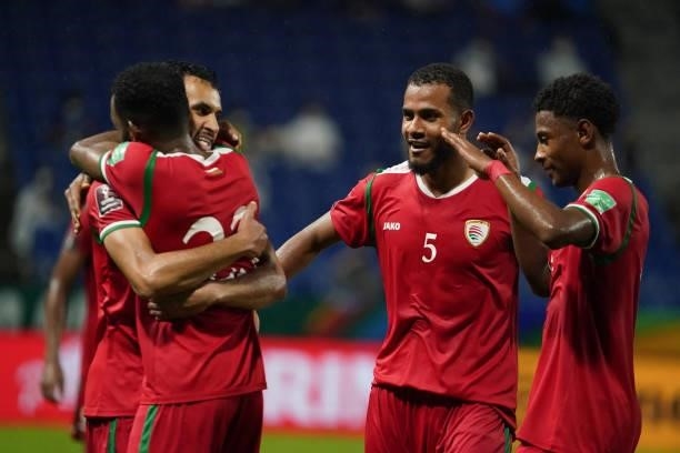Juma Marhoon Al Habsi of Oman celebrates 1-0 victory with his team mates at the end of FIFA World Cup Asian Qualifier Final Round Group B match...