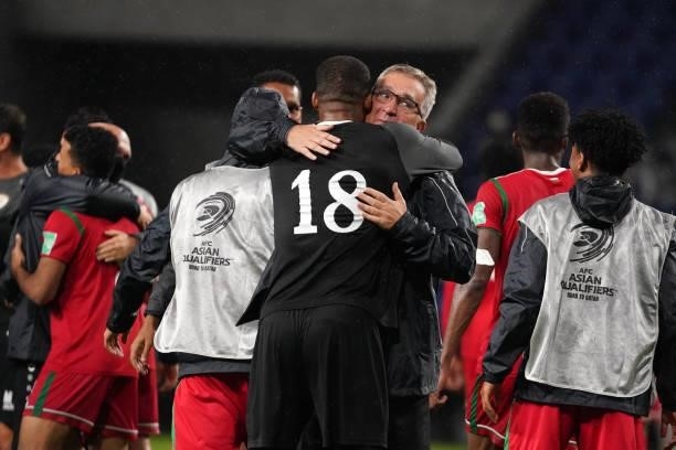 Oman head coach Branko Ivankovic and Faiyz Al Rusheidi celebrate 1-0 victory at the end of FIFA World Cup Asian Qualifier Final Round Group B match...