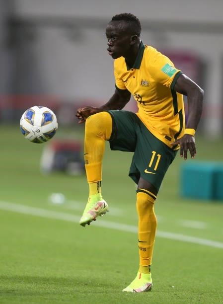 Awer Mabil of Australia controls the ball during the 2022 FIFA World Cup Qualifier match between Australia and China PR at Khalifa International...