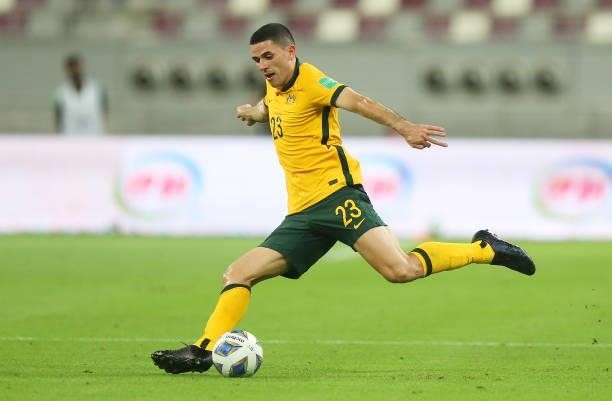 Tom Rogic of Australia strikes the ball during the 2022 FIFA World Cup Qualifier match between Australia and China PR at Khalifa International...