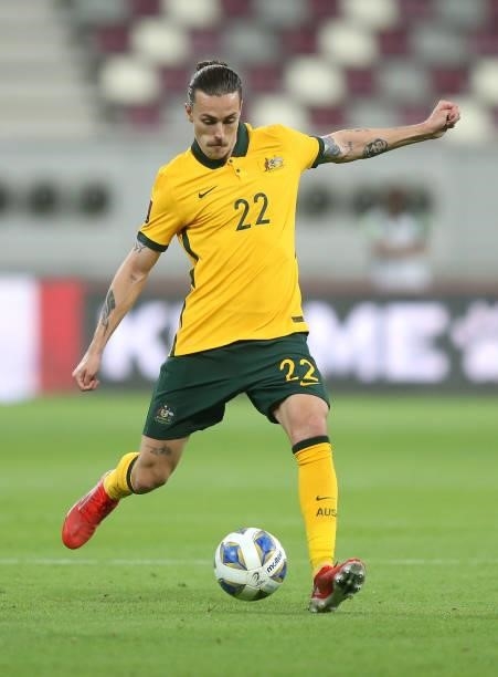 Jackson Irvine of Australia runs with the ball during the 2022 FIFA World Cup Qualifier match between Australia and China PR at Khalifa International...