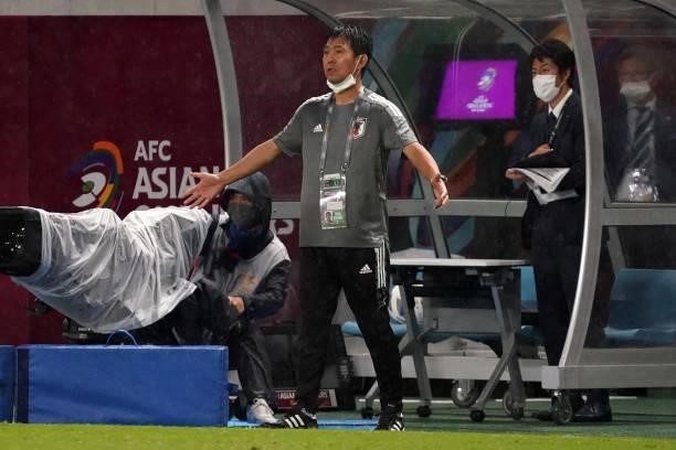 Japan head coach Hajime Moriyasu reacts during FIFA World Cup Asian Qualifier Final Round Group B match between Japan and Oman at Panasonic Stadium...