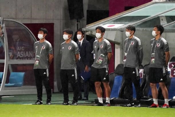 Japan head coach Hajime Moriyasu looks on during FIFA World Cup Asian Qualifier Final Round Group B match between Japan and Oman at Panasonic Stadium...