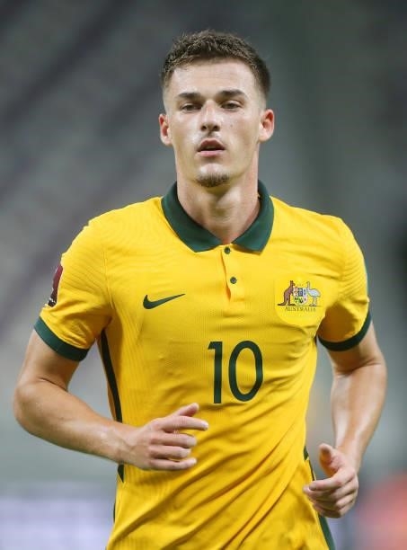 Ajdin Hrustic of Australia looks on during the 2022 FIFA World Cup Qualifier match between Australia and China PR at Khalifa International Stadium on...
