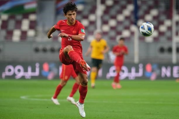 Wang Shenchao of China passes the ball during Australia v China PR - 2022 FIFA World Cup Qualifier at Khalifa International Stadium on September 02,...