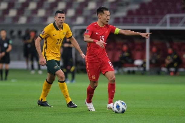 Wu Xi of China on the ball during Australia v China PR - 2022 FIFA World Cup Qualifier at Khalifa International Stadium on September 02, 2021 in...