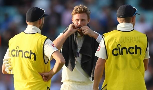 Joe Root of England takes a break during the 4th LV= Test Match between England and India at The Kia Oval on September 02, 2021 in London, England.
